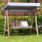 Brown Wooden Outdoor Porch Swing with A-Shaped Stand and Grey Tilt Canopy Ideal for 2 Person